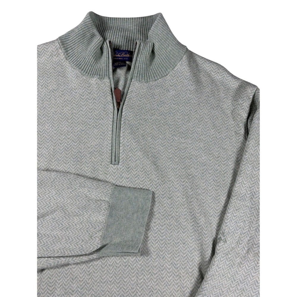 Brooks Brothers Mens XXL Green Herringbone Cotton Linen Quarter Zip Sweater